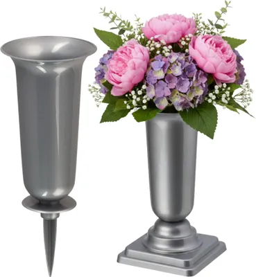 Produktbild von Grabvasen mit Erdspieß und Sockel 2er Set (31, 32 cm) silber
