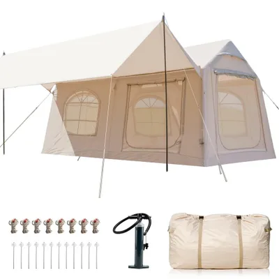 Produktbild von Meulbaty Camping Zelt Sufblasbar mit Kaminöffnung & Dachfenster Vordach 12per XXL,mit Vordach
