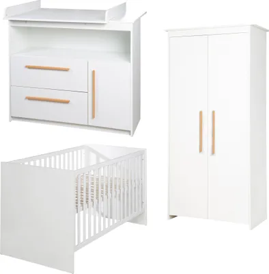 Produktbild von roba Kinderzimmer Set Lilo - Mitwachsendes Gitterbett + Wickelkommode + Kinderkleiderschrank 2-türig - Griffe aus Buche - Holz weiß lackiert