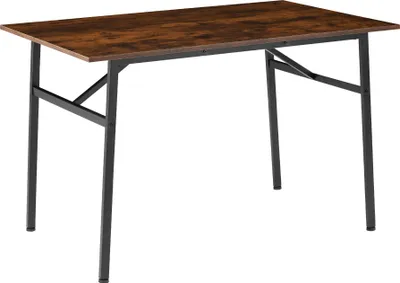 A rectangular dining table with a brown wood-grain top and black metal legs, shown from a slightly elevated front-side angle against a white background.