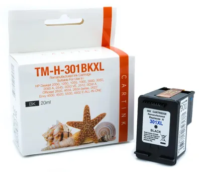 A remanufactured ink cartridge and its packaging are shown against a white background.