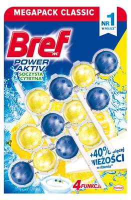 Packaging for Bref Power Aktiv toilet cleaner blocks with lemon scent.