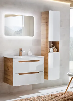 Produktbild von Badmöbel Set mit 81 cm Waschtisch & LED-Spiegel LUTON-56 Hochglanz weiß, Wotan Eiche Nb. B/H/T ca. 130/200/46 cm