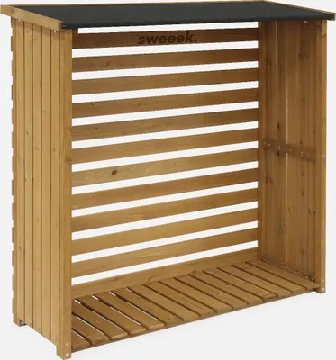 A wooden log store with a black roof.