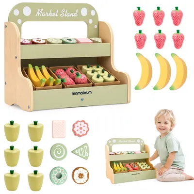 Produktbild von Mamabrum Holz Kaufladen Kinder Marktstand 2-stöckig – Spielzeug Obst & Desserts Set 24 tlg. tragbar
