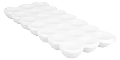 A white ice cube tray with multiple compartments, shown from a diagonal angle.