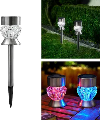 Produktbild von Solarlampen für Außen aus Edelstahl mit Glas im Diamanten-Look, kalt-weiße LED/bunt, kabellos und wetterfest, dekorative Solarleuchte für den Garten, Terrasse und Balkon