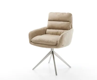 Produktbild von DELIFE Esszimmerstuhl Abelia-Flex mit Armlehnen Mikrofaser Beige Vintage Kreuzgestell breit Edelstahl