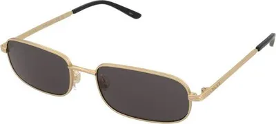 A pair of gold-rimmed sunglasses with dark lenses and black tips on the arms, presented against a white background.