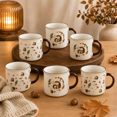 Produktbild von Tassen 6er Set Igel 370 ml - Teetassen mit 2 Waldtier-Motiven, braun, KI-generiertes Bild