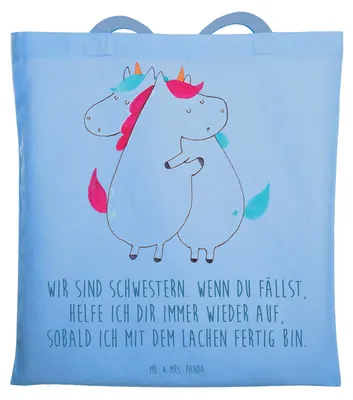 Produktbild von Mr. & Mrs. Panda Tote Bag Einhörner Umarmen - Sky Blue - Geschenk, Tasche, Jutebeutel, Liebe, Shopping, Geschwister, Unicorn, Beutel, Schultasche, BFF, Einhorn, Familie