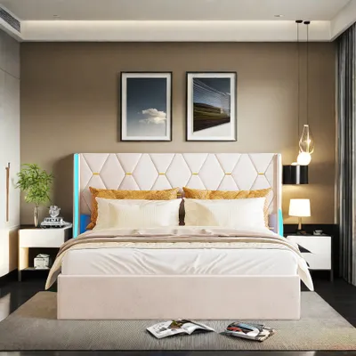 Immagine prodotto di Letto imbottito 160x200cm con LED,, Letto a molle idrauliche con rete e contenitore, Letto matrimoniale in velluto Letto contenitore Letto funzionale,