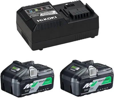 A product shot of a battery charger and two batteries.