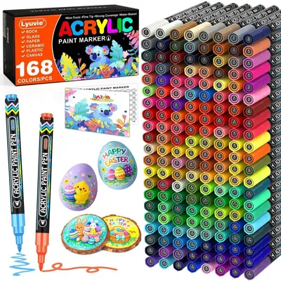 Zdjęcie produktu dla Markery akrylowe, 168 kolorów, wodoodporne, z bardzo cienką końcówką (0,7 mm), do malowania na kamieniach, drewnie, szkle i ceramice