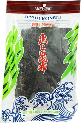 A package of Wel Pac Dashi Kombu dried seaweed.