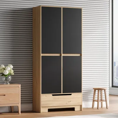 Produktbild von Küchenschrank mit 1 Schublade und verstellbaren Einlegeböden, Vorratsschrank mit türmontierten Ablagen, 80x35x180 cm, Schwarz+Natur
