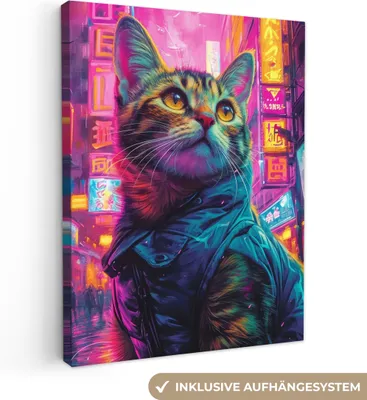 Produktbild von MuchoWow® - Leinwandbilder - Katze - Pop-Art - China - Neon - Stadt, Wandbild, Wanddeko Bilder Wohnzimmer, 90x120cm