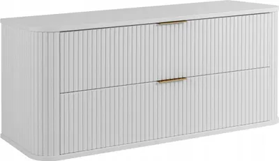 A white bathroom cabinet with two drawers and gold handles.