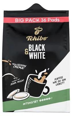 Produktbild von Tchibo Kaffeepads, BLACK & WHITE, 1x36 Pads Kräftig mit starkem Geschmack, aromafrisch, Intensität 5/6, geeignet für Senseo Maschinen