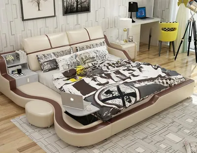 Zdjęcie produktu dla Łóżko wielofunkcyjne design beżowe łóżka podwójna półka 180x200cm