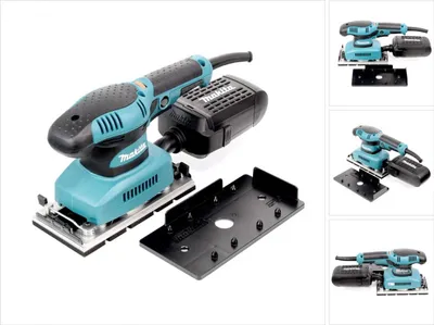 A Makita orbital sander with its dust collection box and a separate base plate are displayed against a white background. The image is composed of a main shot and three smaller inset shots showing different angles of the sander.