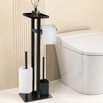 Produktbild von Toilettenpapierhalter, Toilettenpapierhalter stehend mit Toilettenbürste, Freistehender Toilettenpapierhalter, Edelstahl Klopapierhalter, Schwarz