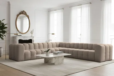 Produktbild von Ecksofa Designersofa SOLVIE XL in Stoff Tiffani Taupe Seite Universal