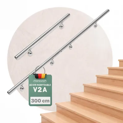 Productafbeelding van MONZANA® RVS handrail, V2A roestvrij staal, leuning voor trappen, 300 cm, wandbevestiging, verbindingsstukken, afsluitdopjes, geschikt voor binnen- en buitengebruik