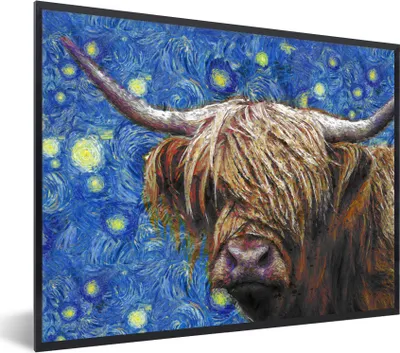 Produktbild von MuchoWow® Gerahmtes Poster Van Gogh - Schottischer Highlander - Sternennacht 80x60 cm - Poster mit Schwarzem Bilderrahmen Wandposter Rahmen Foto Bilder - Schwarzem - Mit Gestell