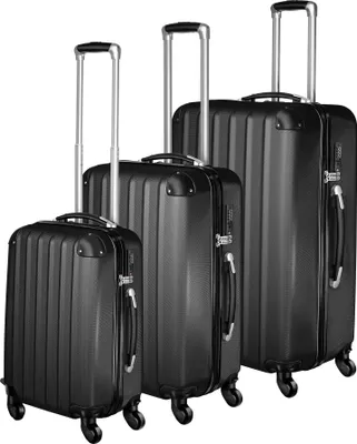 Three black suitcases of varying sizes are displayed side-by-side against a white background.