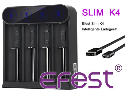 Zdjęcie produktu dla Ładowarka EFEST SLIM K4 Li-Ion - 4-kierunkowa szybka ładowarka z USB-C, funkcjami ochronnymi i automatycznym wykrywaniem
