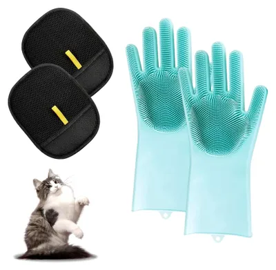 Produktbild von Katzenhandschuh zur Entfernung von Tierhaaren, 2 Stück doppelseitige Handschuhe und 2 Paar Silikon Fellpflegehandschuhe für Hunde und Katzen