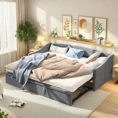 Imagen del producto de Cama juvenil INONEFT de 90x200 cm con cama extraíble a la misma altura, estructura de sofá cama con somier, cama individual, sofá cama, cama de invitados, color gris, tapizada en terciopelo, sin colchón