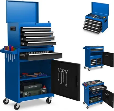 Produktbild von Werkstatt-Wagen Abschließbar auf Rädern, 2 in 1 Profi Werkzeugwagen inkl. Koffer & 8 Fächer & Haken & verstellbarem Regal, 59x28x102cm (Blau)