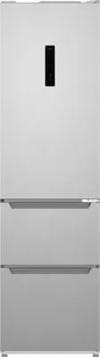 A front view of a silver refrigerator with a black control panel at the top.