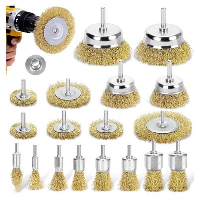 Produktbild von 18-teiliges Drahtbürsten-Set für Bohrmaschinen, Messingbeschichtete Drahtbürsten mit 6 mm Rundschaft, Schleifbürsten zum Entfernen von Rost, Polieren und Reinigen