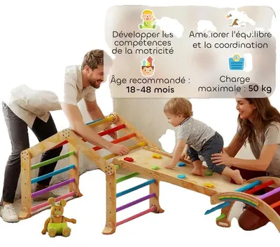 Imagen del producto de Estructura de escalada, madera maciza, sistema 9 en 1, zona de actividades interior, tobogán, pizarra