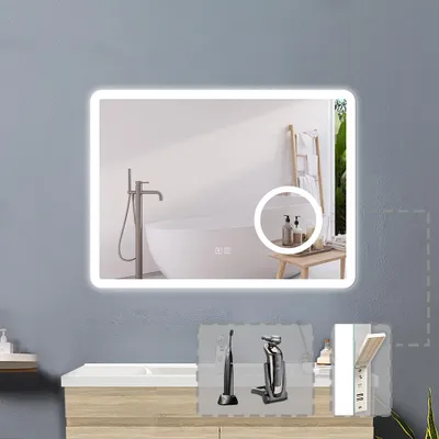 Produktbild von LED Badspiegel mit Steckdose 70x50cm Beschlagfrei 3 Lichtfarbe Dimmbar Bluetooth Speicherfunktion Wandspiegel mit 3X Schminkspiegel