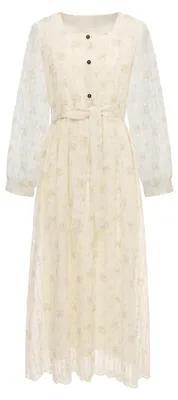 Produktbild von Beiges Maxikleid Größe M mit Blumenmuster, eckigem Ausschnitt und Bindegürtel