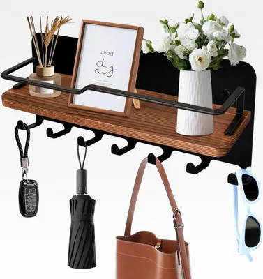 Produktbild von Schlüsselbrett Mit Ablage, Schlüsselhalter Wandorganizer Holz, Mit 6 Schlüsselhaken, Schlüsselablage Wand Metall, Multifunktionales Schlüsselboard, Für Eingang, Flur, Schlafzimmer, Wohnzimmer