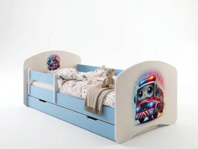 Produktbild von Kinderbett Komplett-Set 140x70 cm | Bett mit Schublade, Matratze & Sicherheitsbarriere | Blau-Weißes Bett für Mädchen & Jungen