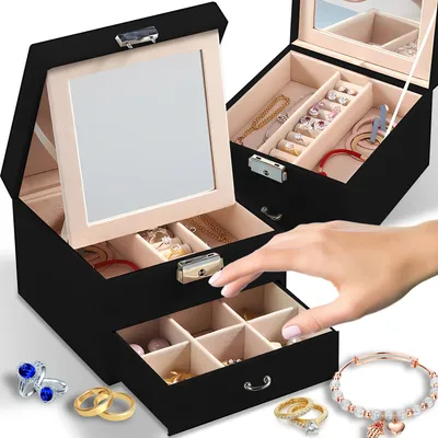 Produktbild von Schmuckkasten Schmuckaufbewahrung Doppelschicht Aufbewahrungskoffer für Ringe Ohrringe Armbänder Halsketten Schmuck Veranstalter Schwarz Retoo