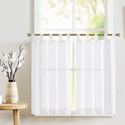 Productafbeelding van Ibenzoa® Witte vitrage gordijnset, 2 stuks – linnenlook, bistro-stijl met lussen, semi-transparant, 65 x 90 cm, ideaal voor balkondeuren en de keuken
