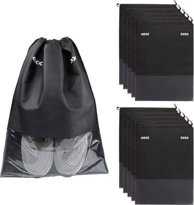 Produktbild von Unyqoos® Schuhbeutel 10er Set – Vliesstoff, wasser- & staubabweisend, mit Sichtfenster und Kordelzug, 44 x 35 cm, schwarz, ideal für Reise & Aufbewahrung