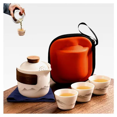 Produktbild von Chinesisches Gongfu-Teeset aus Porzellan, tragbares Keramik-Teekannen-Set mit Mini-Reisetasche für Reisen, Zuhause, Geschenke, Outdoor-Camping, Picknick und Büro