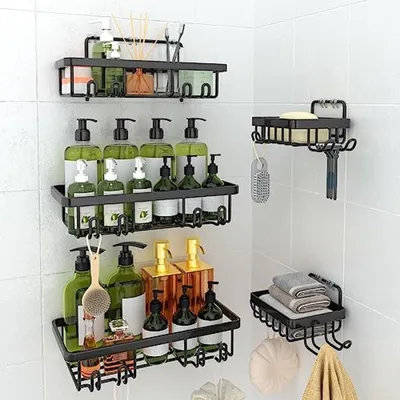 Produktbild von PromoHome® 5-teiliges Badezimmerregal-Set ohne Bohren – Schwarze Organisationsregale mit Seifenhaltern