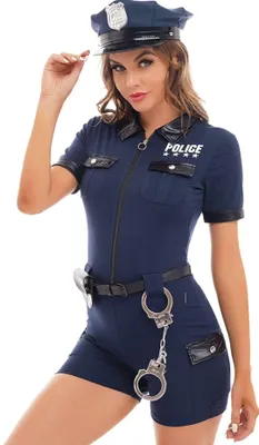 Immagine prodotto di Costume da poliziotta da donna taglia S - Costume da poliziotta con cerniera frontale, manette, cappello e cintura - Per feste, Halloween, feste in maschera e carnevale