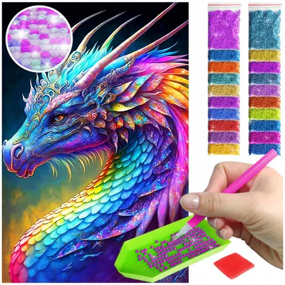 Produktbild von ARTULIO - Diamond Painting Set - Bunter Fantasy Drache - 60 x 40 cm - Groß XXL - AB Steine, AB Diamant - 5D Diamant Painting, Bilder DIY