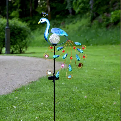 Produktbild von LED Solarstab Pfau - blau - warmweiße LED in Glaskugel - H: 80cm - Dämmerungssensor