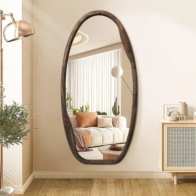 Imagen del producto de Espejo de pared asimétrico con marco de madera, de 101,6 x 50,8 cm, color marrón, ideal para el salón
